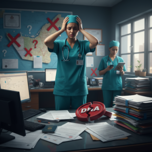 Common-Pitfalls-International-Nurses-Face-When-Applying-for-UAE-Licensure. . a group of people in scrubs in a room with computer and papers.