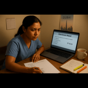 A Nepali nurse in light blue scrubs sits at a desk studying for the DHA Exam Nepal, focused on a laptop displaying multiple-choice questions and a countdown timer. The desk is cluttered with printed MCQs, handwritten notes, highlighters, and a cup of tea. Warm indoor lighting and a blurred Dubai skyline poster in the background set a determined, exam-prep mood.