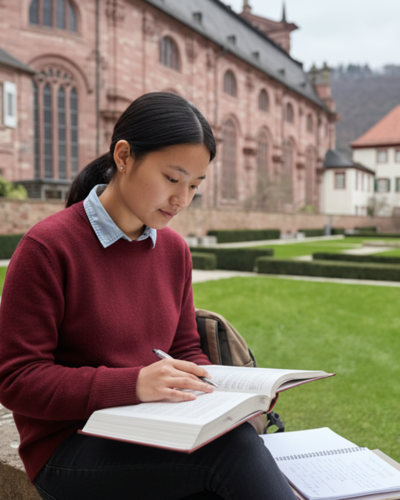 A high-resolution photograph of a young Nepali female student with a fair complexion and sharp features, sitting outdoors at a German university. She is dressed in a maroon sweater over a light blue collared shirt, focused on studying a thick academic book and taking notes. The background features the historic red sandstone architecture of Heidelberg University and a manicored green courtyard under a soft, overcast sky.